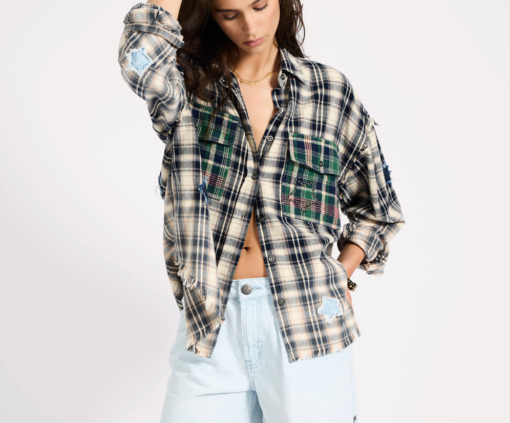 Flannel Star Studded Shirt - Cream Blue Check
