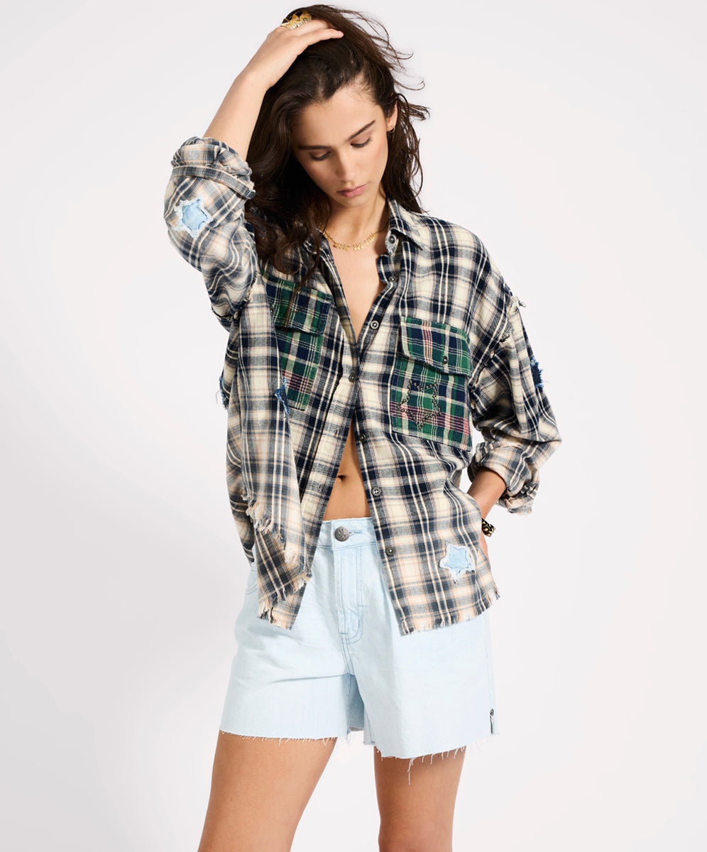  Flannel Star Studded Shirt - Cream Blue Check