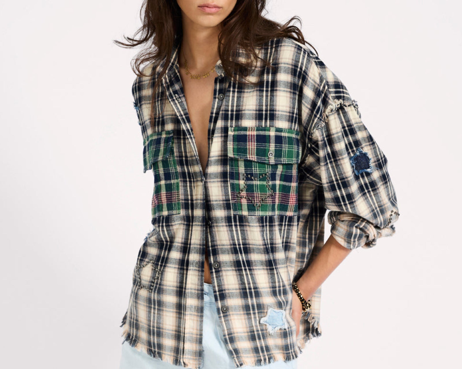 Flannel Star Studded Shirt - Cream Blue Check
