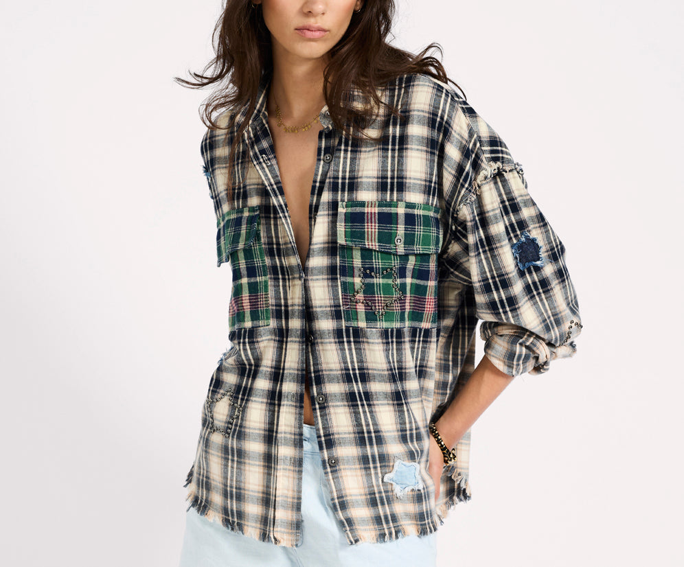 Flannel Star Studded Shirt - Cream Blue Check