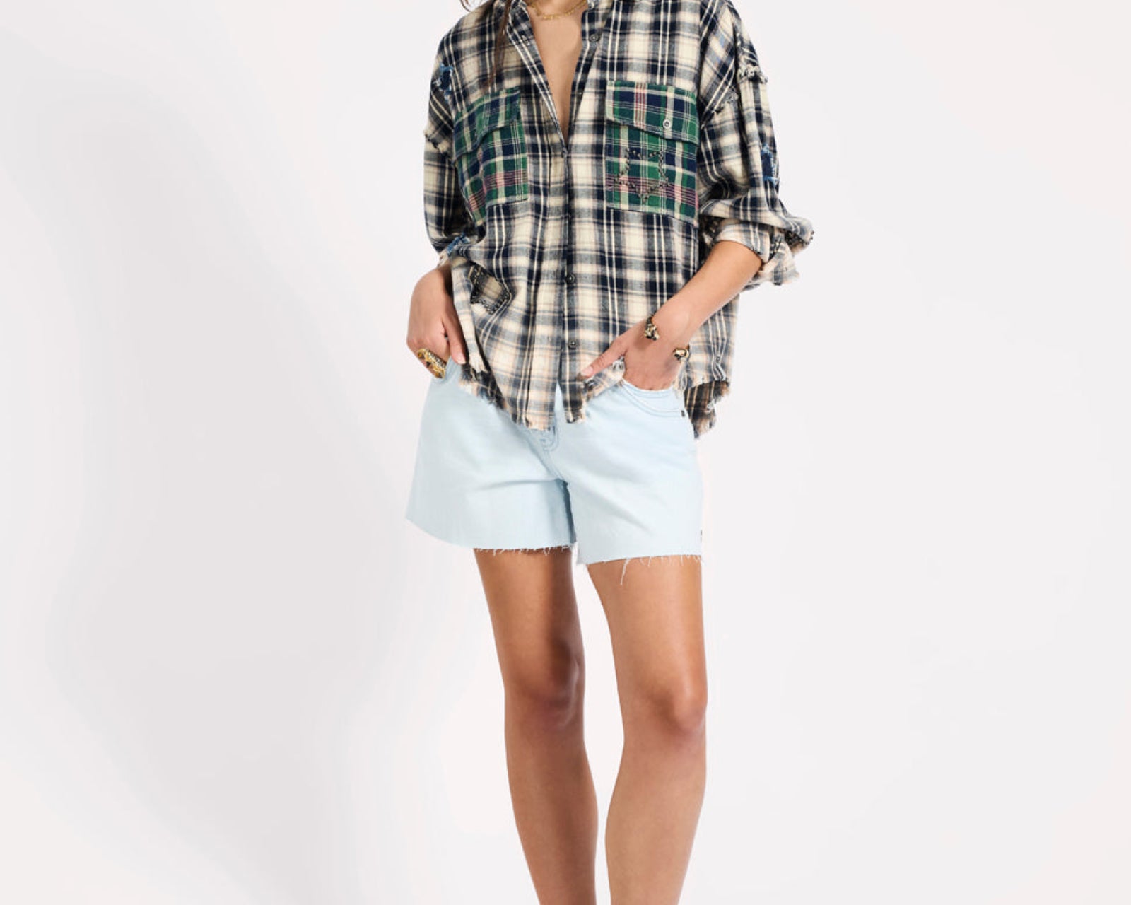Flannel Star Studded Shirt - Cream Blue Check