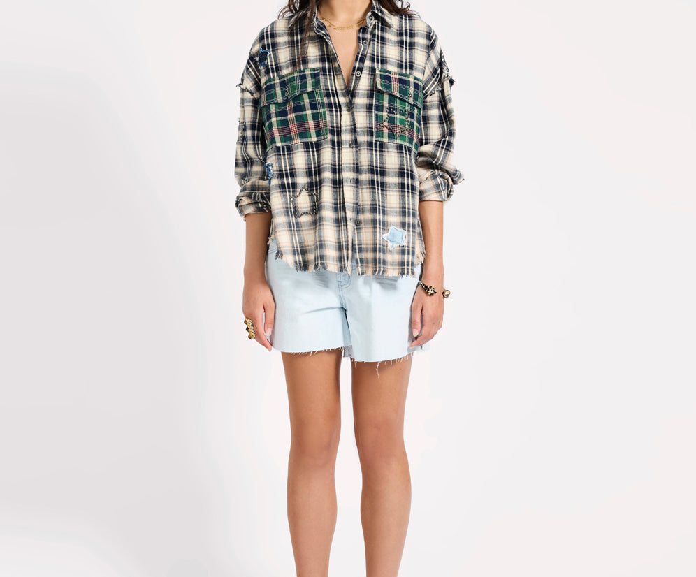 Flannel Star Studded Shirt - Cream Blue Check