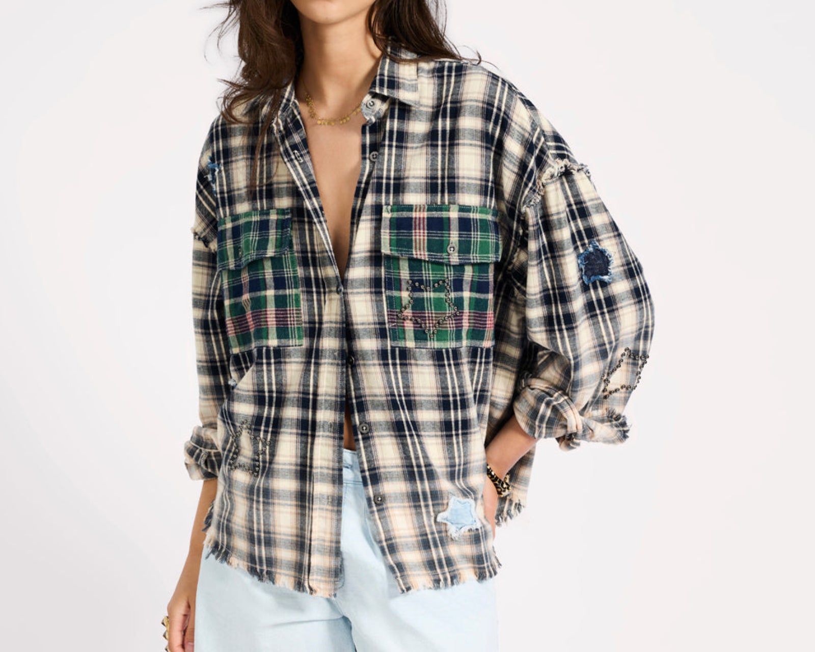 Flannel Star Studded Shirt - Cream Blue Check