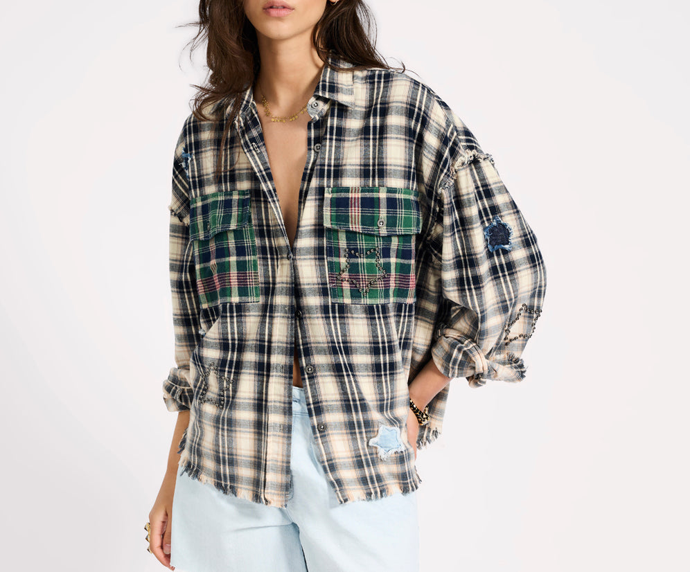 Flannel Star Studded Shirt - Cream Blue Check