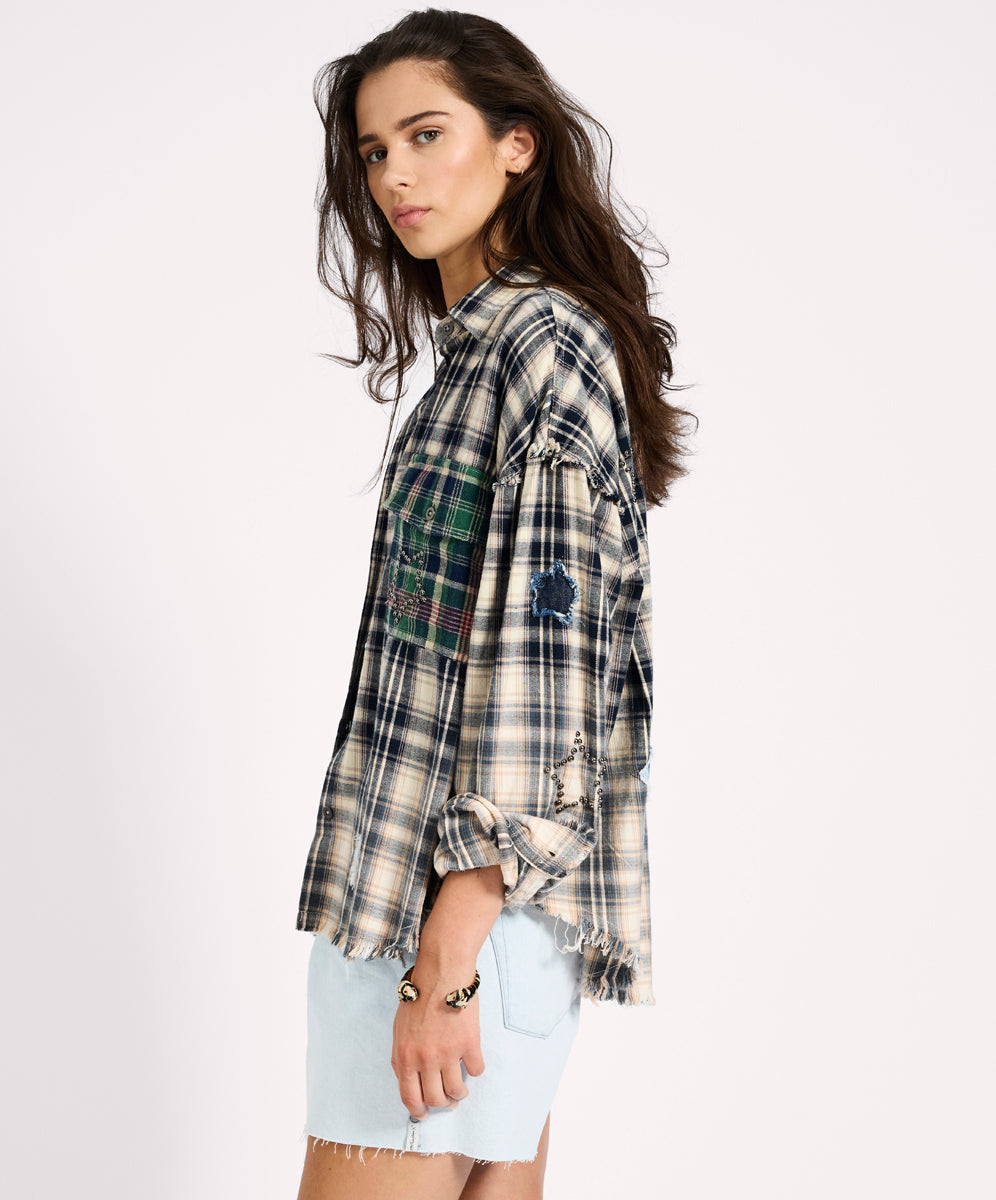 Flannel Star Studded Shirt - Cream Blue Check | One Teaspoon USA