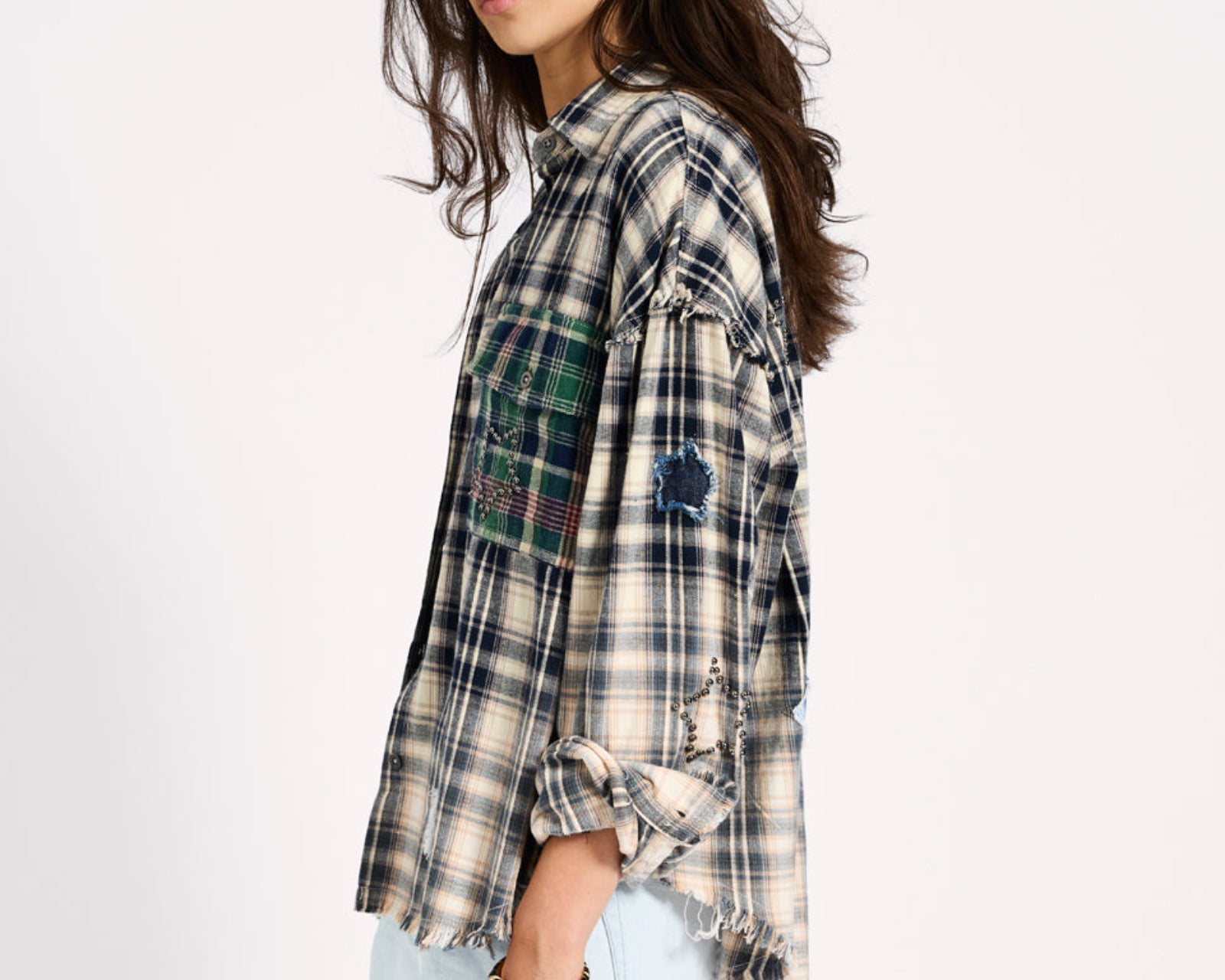 Flannel Star Studded Shirt - Cream Blue Check