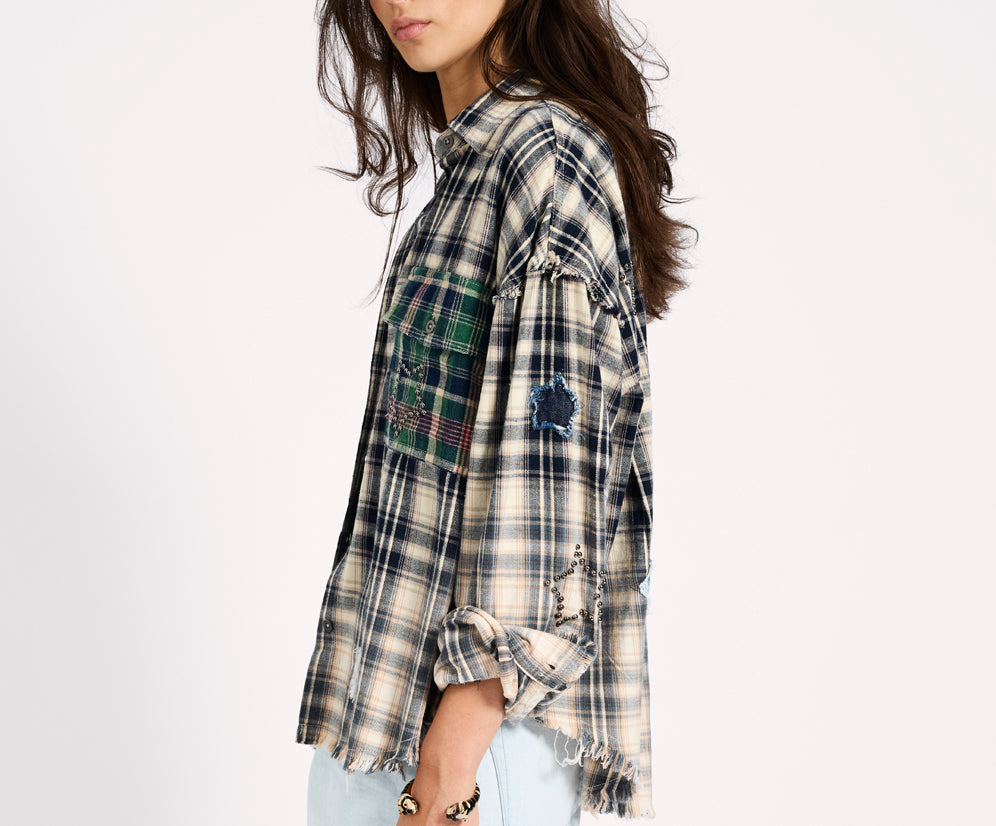 Flannel Star Studded Shirt - Cream Blue Check