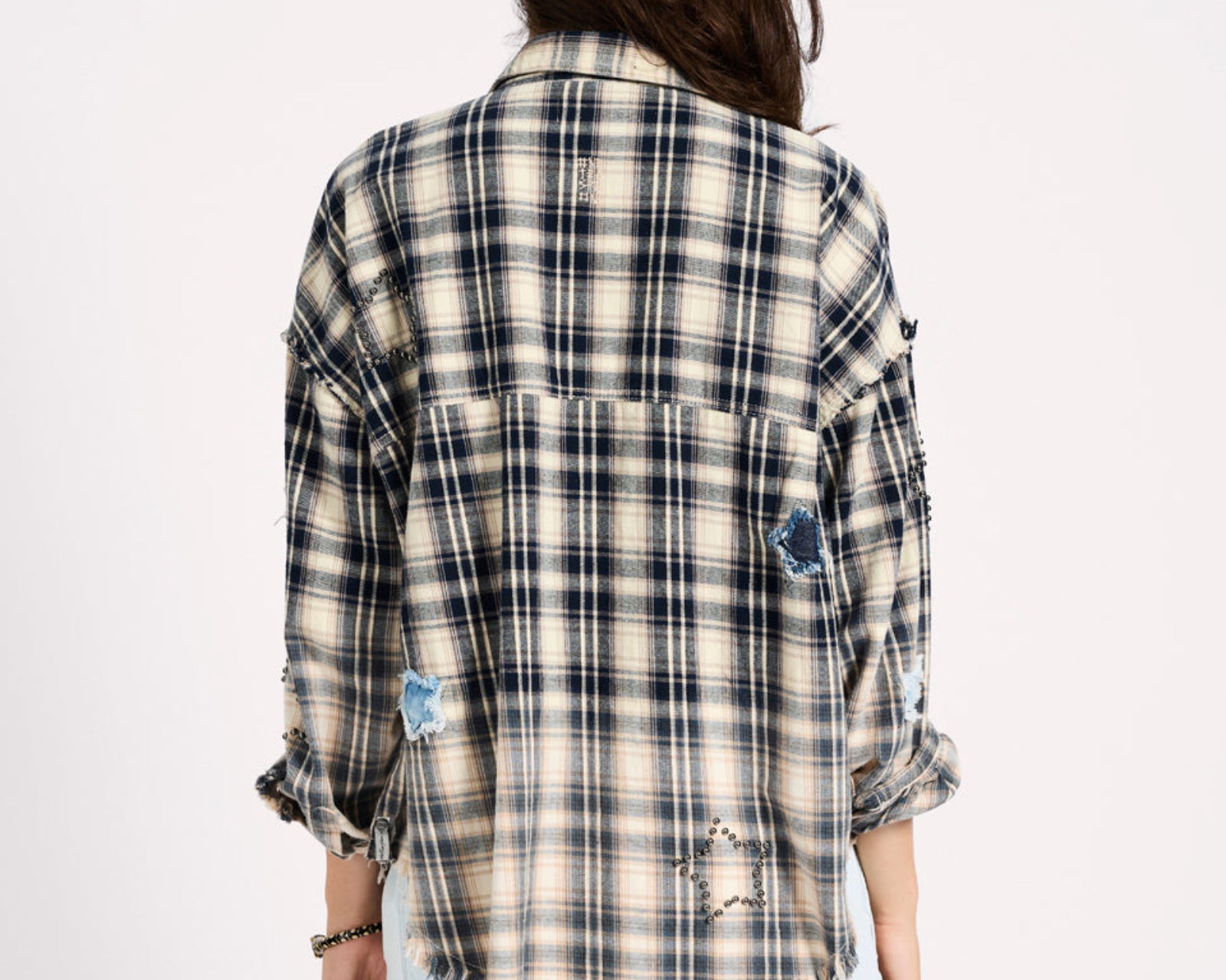Flannel Star Studded Shirt - Cream Blue Check