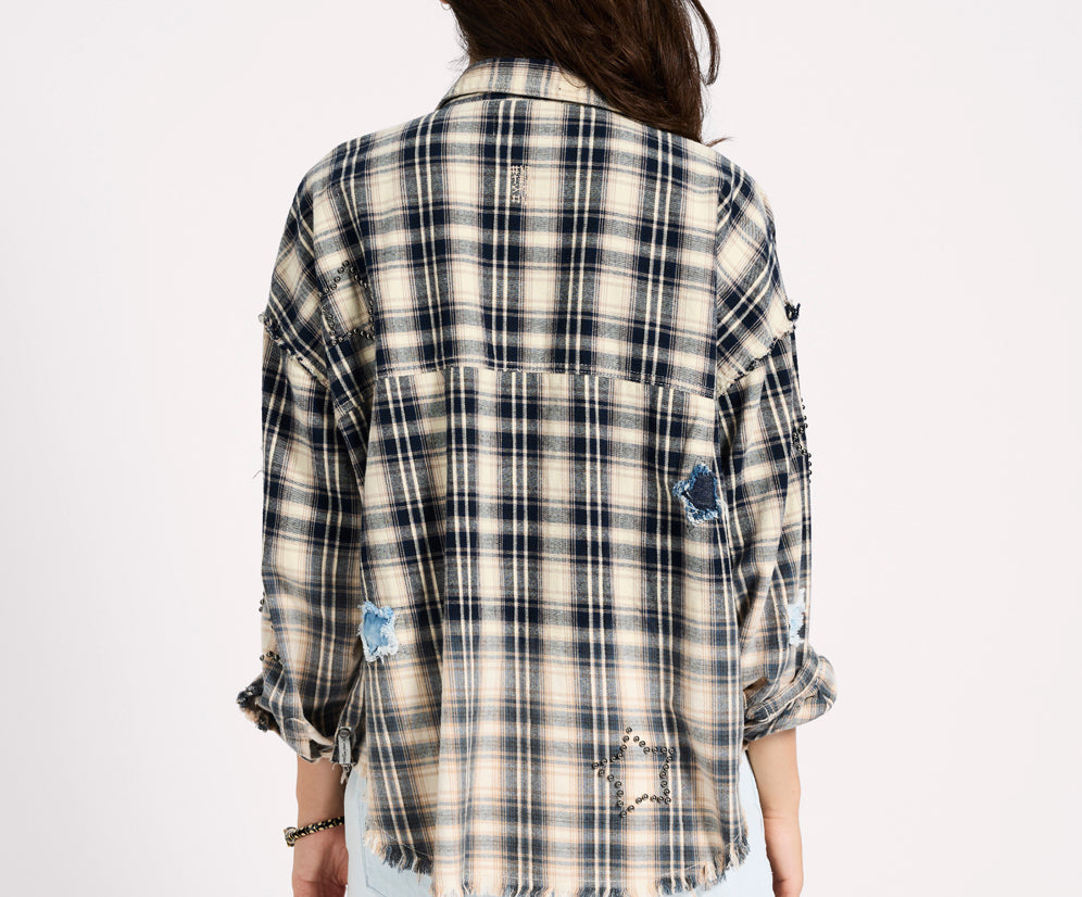 Flannel Star Studded Shirt - Cream Blue Check