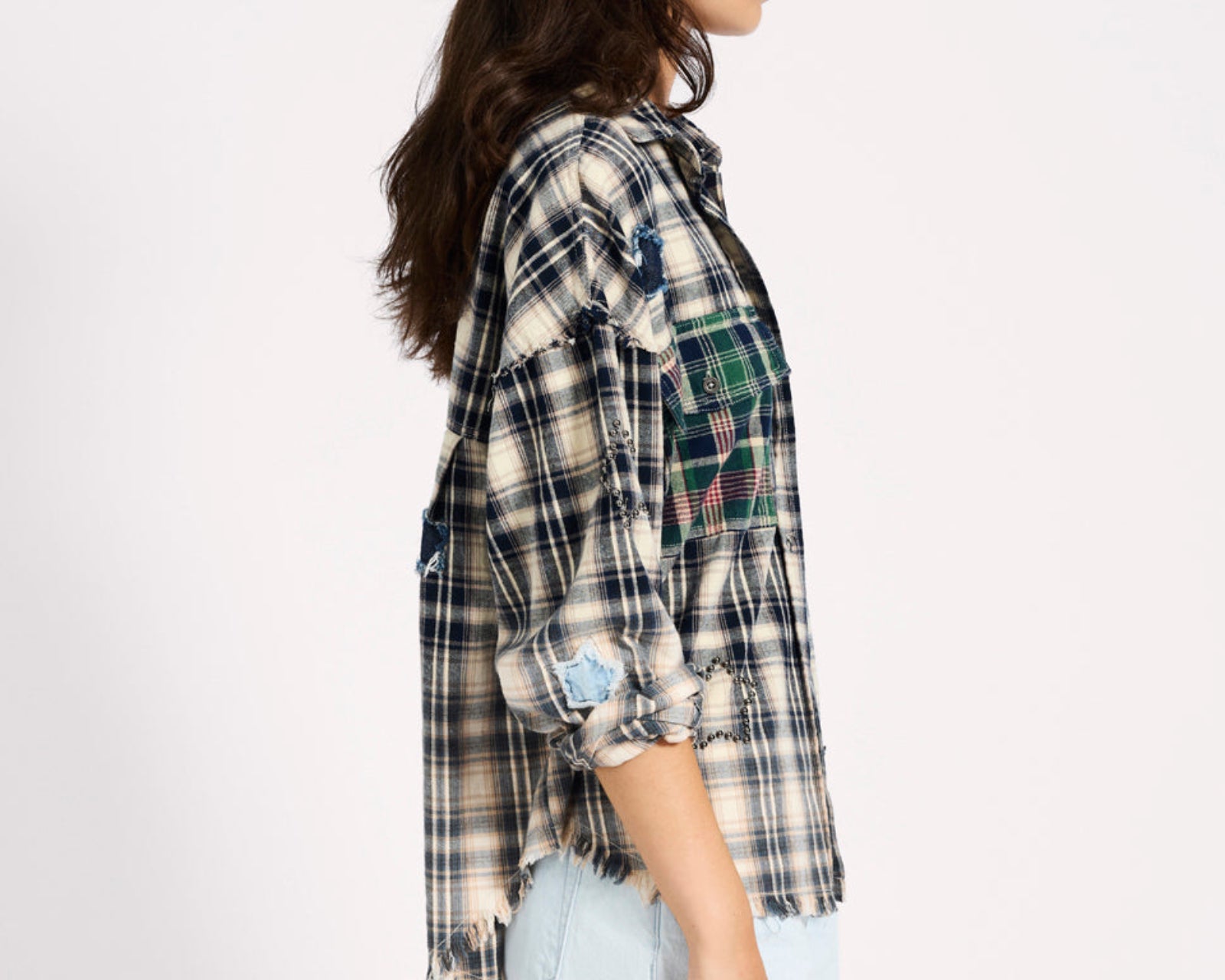 Flannel Star Studded Shirt - Cream Blue Check