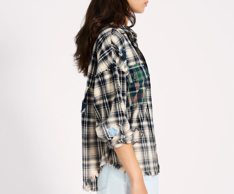 Flannel Star Studded Shirt - Cream Blue Check