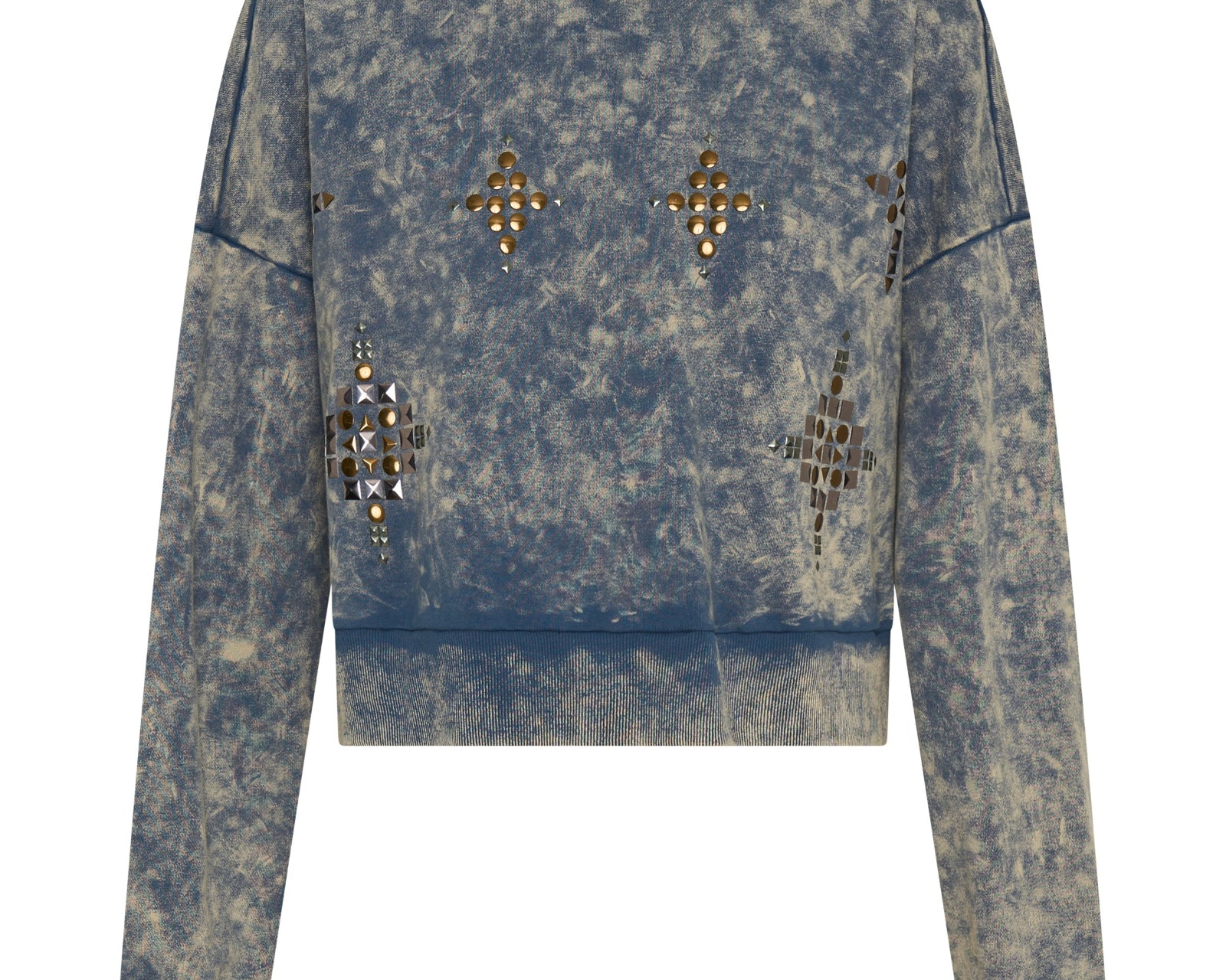 Fleece Cropped Star Studded Sweater - Acid Wash Blue