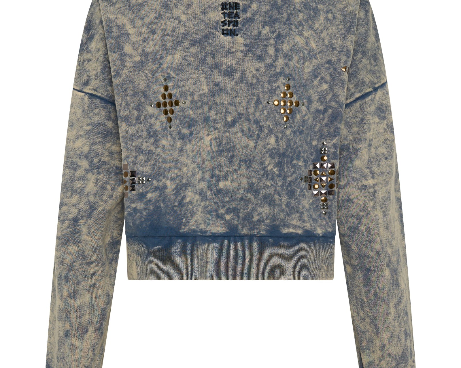 Fleece Cropped Star Studded Sweater - Acid Wash Blue