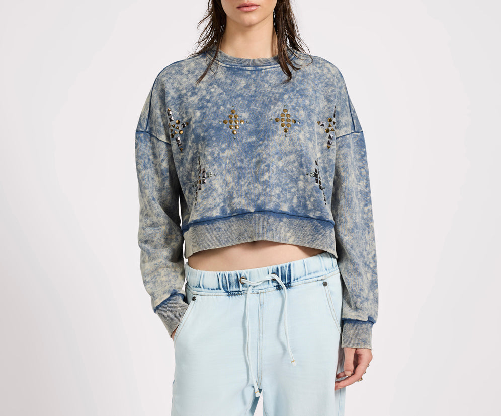 Fleece Cropped Star Studded Sweater - Acid Wash Blue