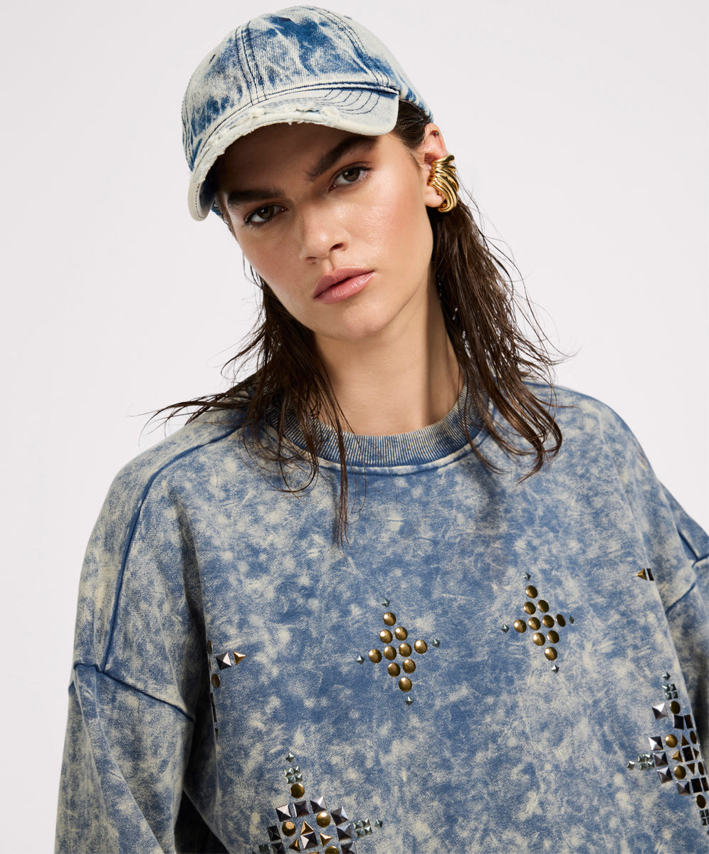  Fleece Cropped Star Studded Sweater - Acid Wash Blue
