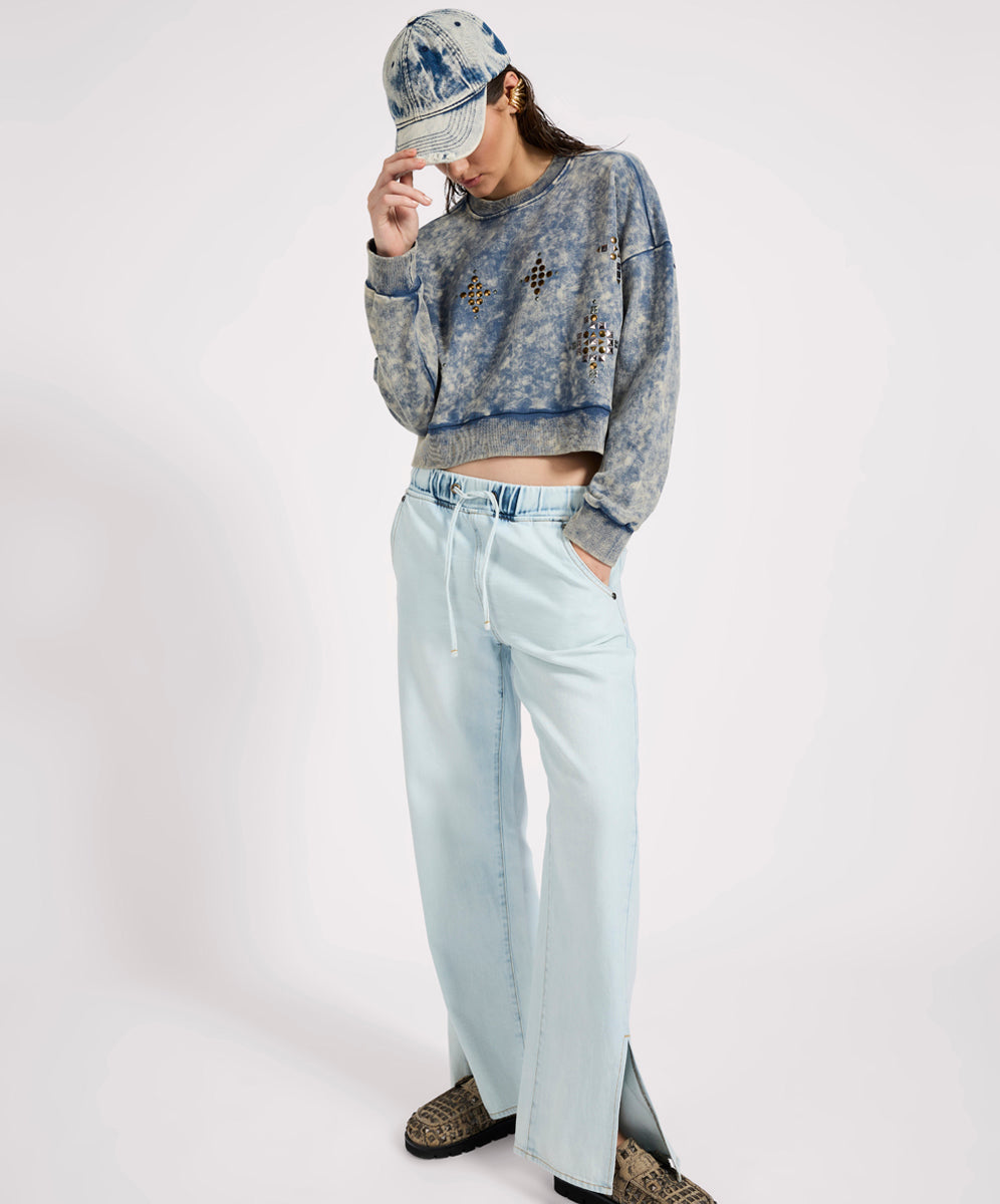Fleece Cropped Star Studded Sweater - Acid Wash Blue | One