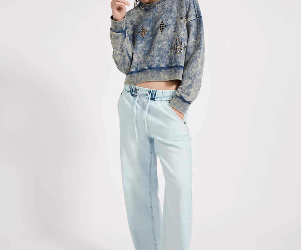 Fleece Cropped Star Studded Sweater - Acid Wash Blue
