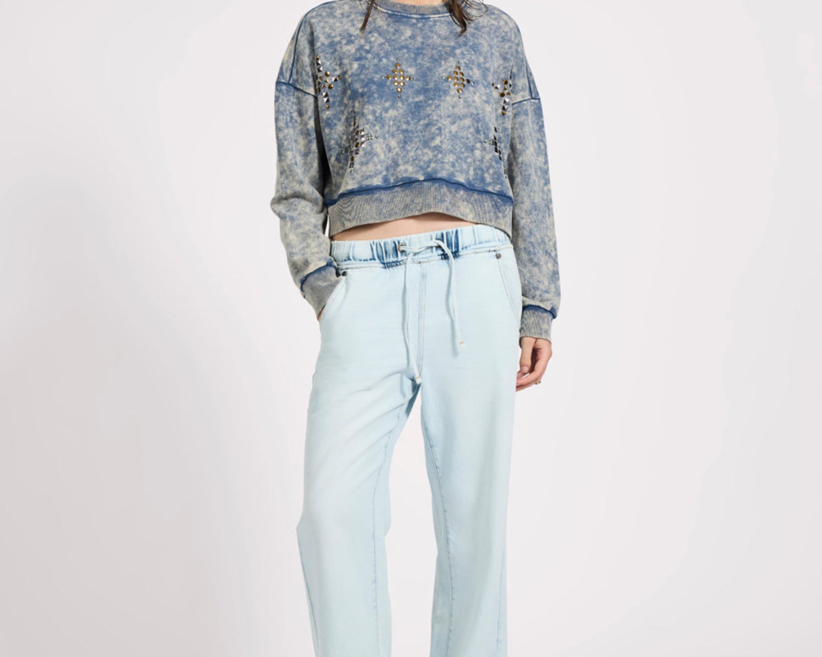 Fleece Cropped Star Studded Sweater - Acid Wash Blue