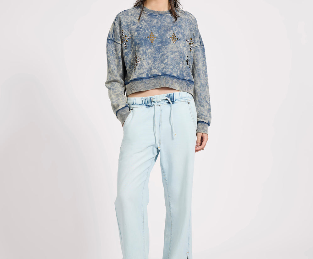 Fleece Cropped Star Studded Sweater - Acid Wash Blue