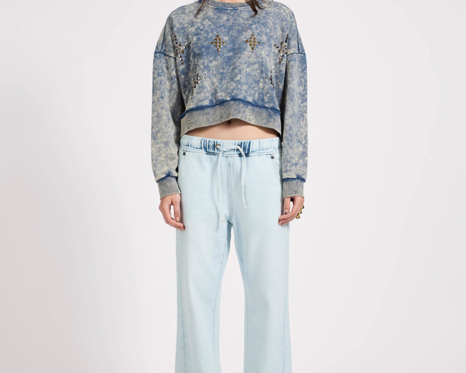 Fleece Cropped Star Studded Sweater - Acid Wash Blue