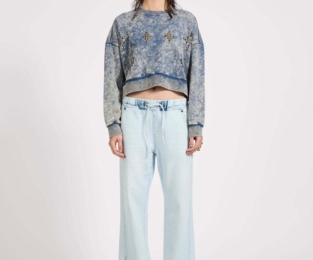 Fleece Cropped Star Studded Sweater - Acid Wash Blue