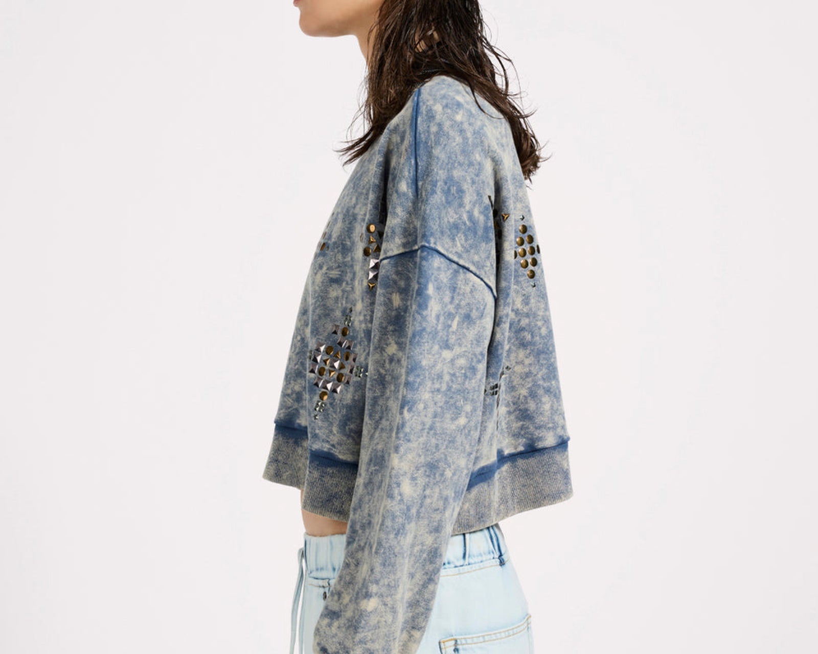 Fleece Cropped Star Studded Sweater - Acid Wash Blue