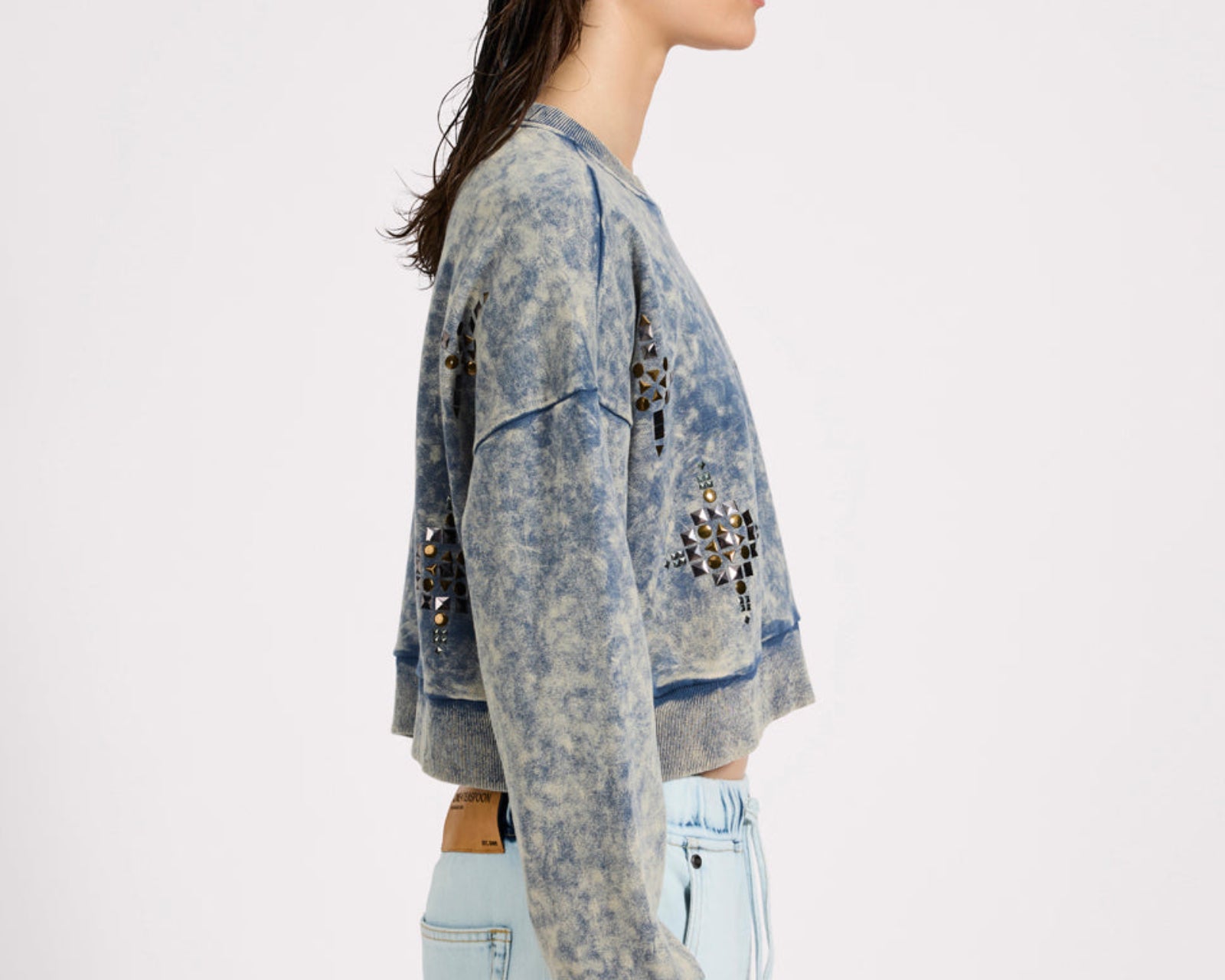 Fleece Cropped Star Studded Sweater - Acid Wash Blue