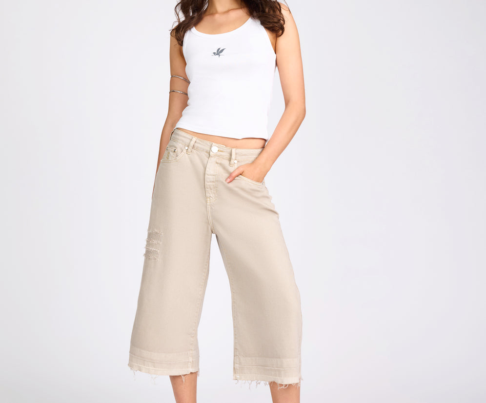 720'S Mid Waist Super Long Length Denim Shorts - Stone
