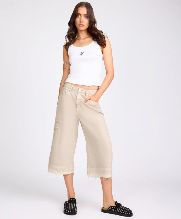 720'S Mid Waist Long Length Denim Shorts - Stone