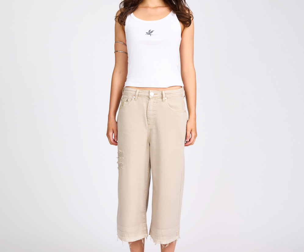 720'S Mid Waist Super Long Length Denim Shorts - Stone