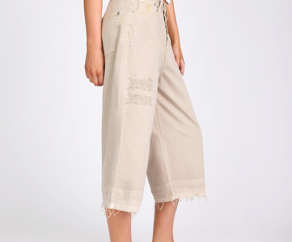 720'S Mid Waist Super Long Length Denim Shorts - Stone