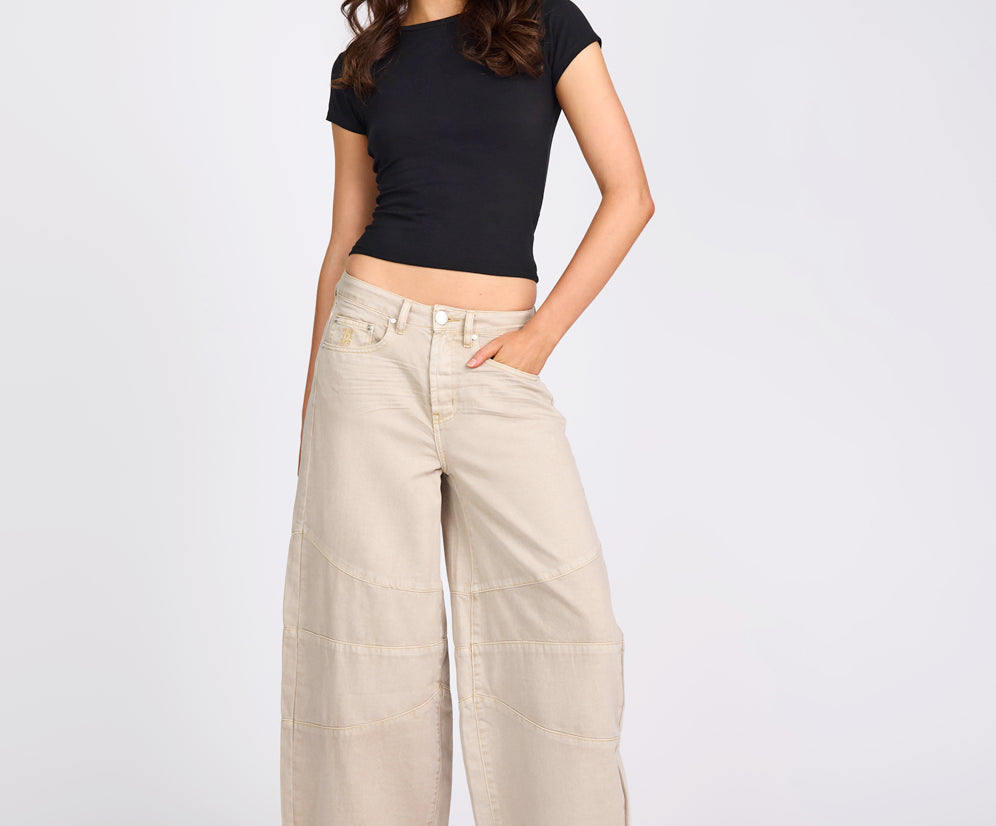Barrel Mid Waist Wide Leg Denim Jeans - Stone