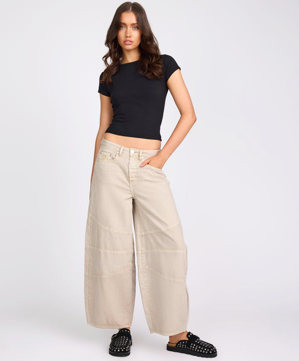 Barrel Mid Waist Wide Leg Denim Jeans - Stone