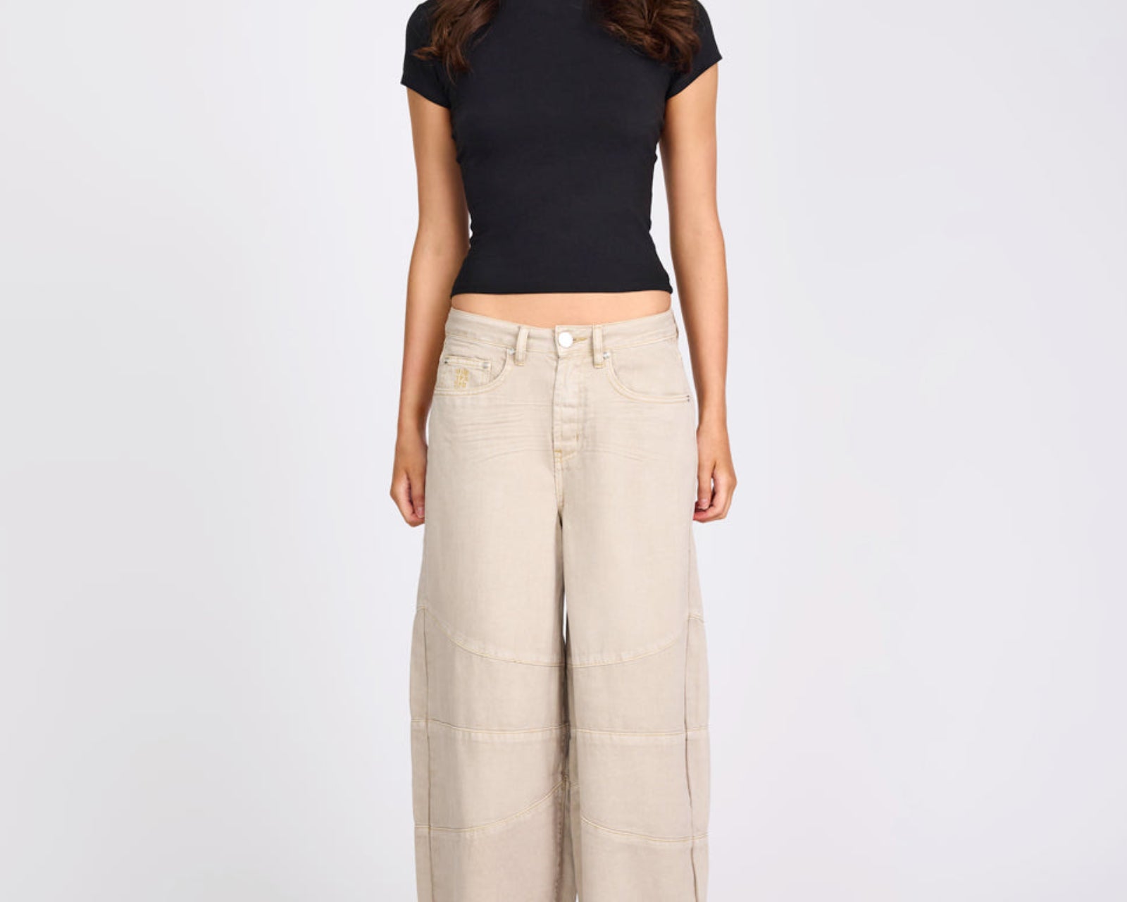 Barrel Mid Waist Wide Leg Denim Jeans - Stone