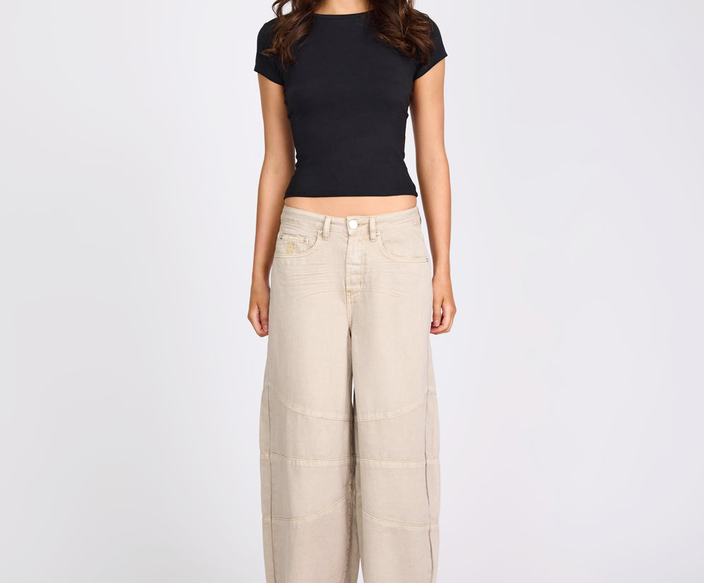 Barrel Mid Waist Wide Leg Denim Jeans - Stone