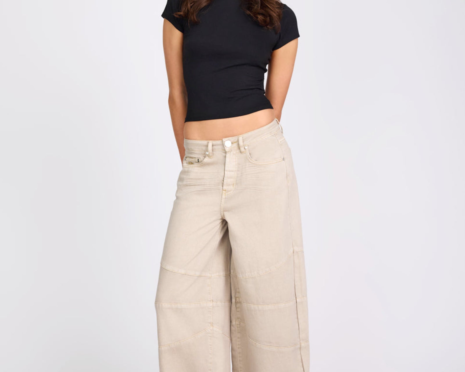 Barrel Mid Waist Wide Leg Denim Jeans - Stone