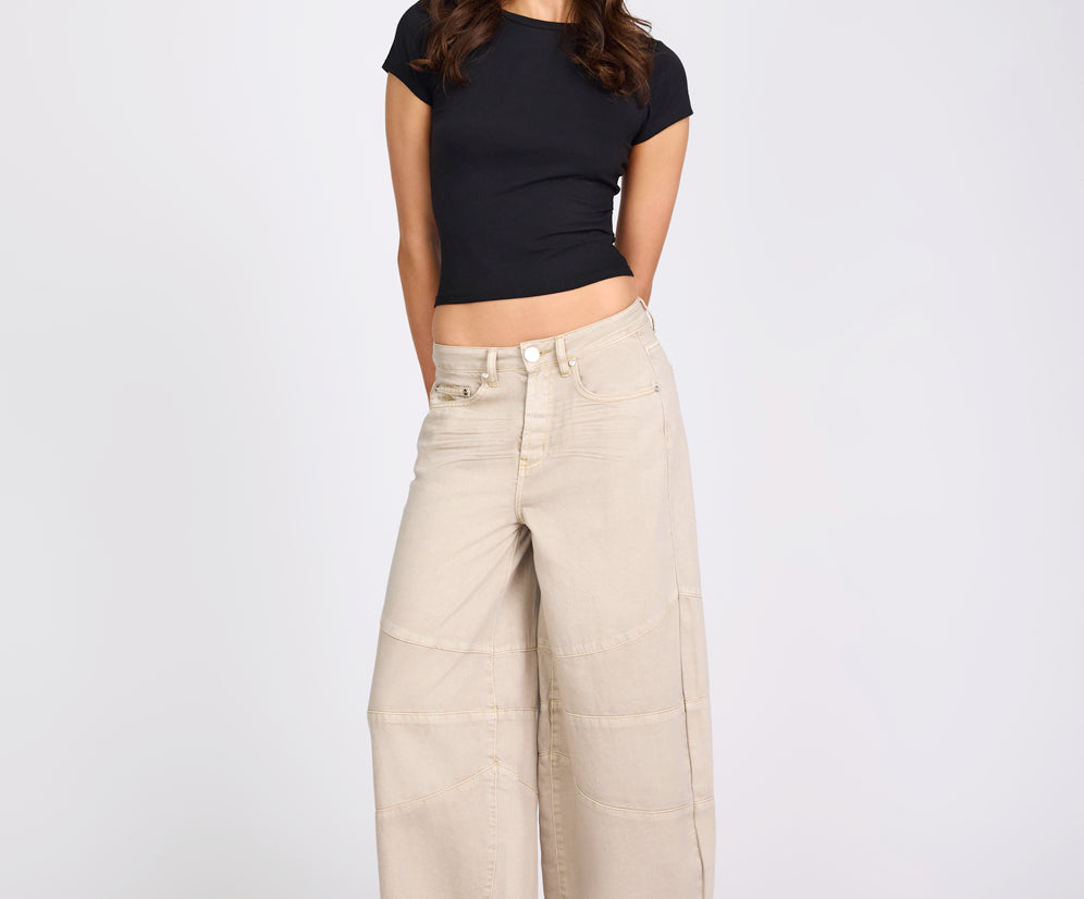 Barrel Mid Waist Wide Leg Denim Jeans - Stone