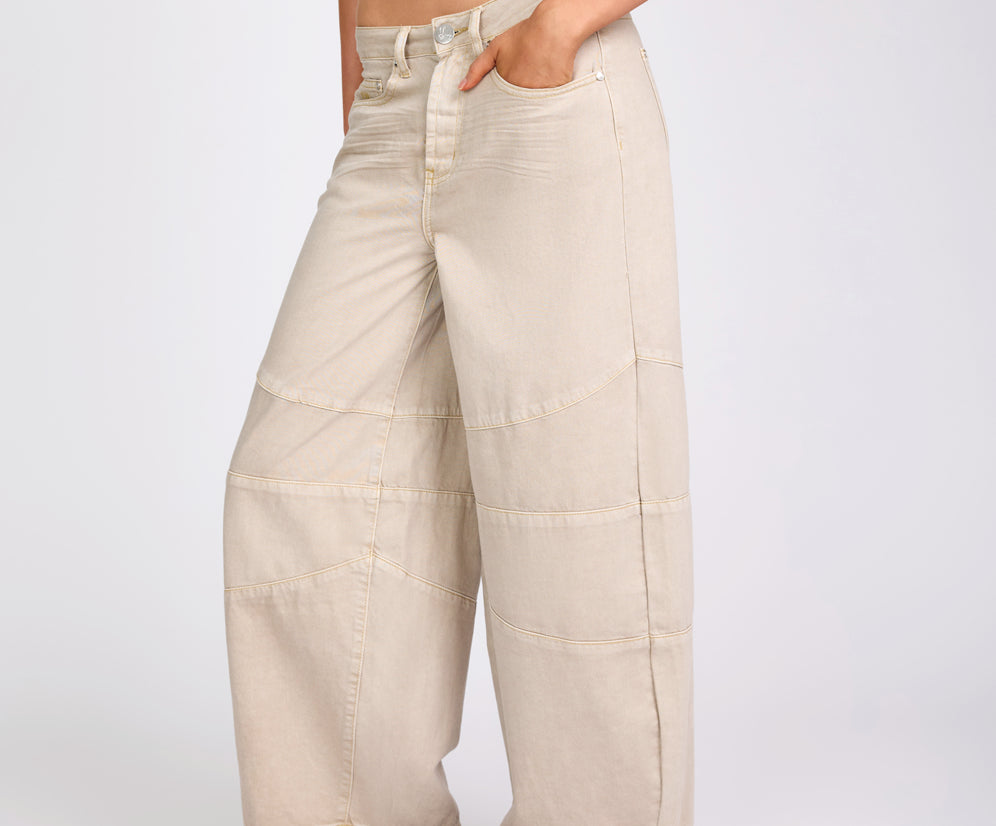 Barrel Mid Waist Wide Leg Denim Jeans - Stone