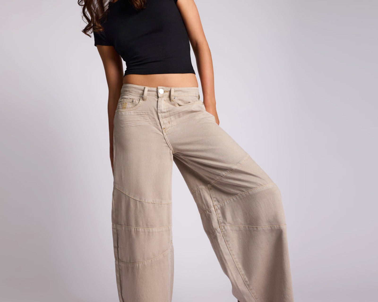 Barrel Mid Waist Wide Leg Denim Jeans - Stone