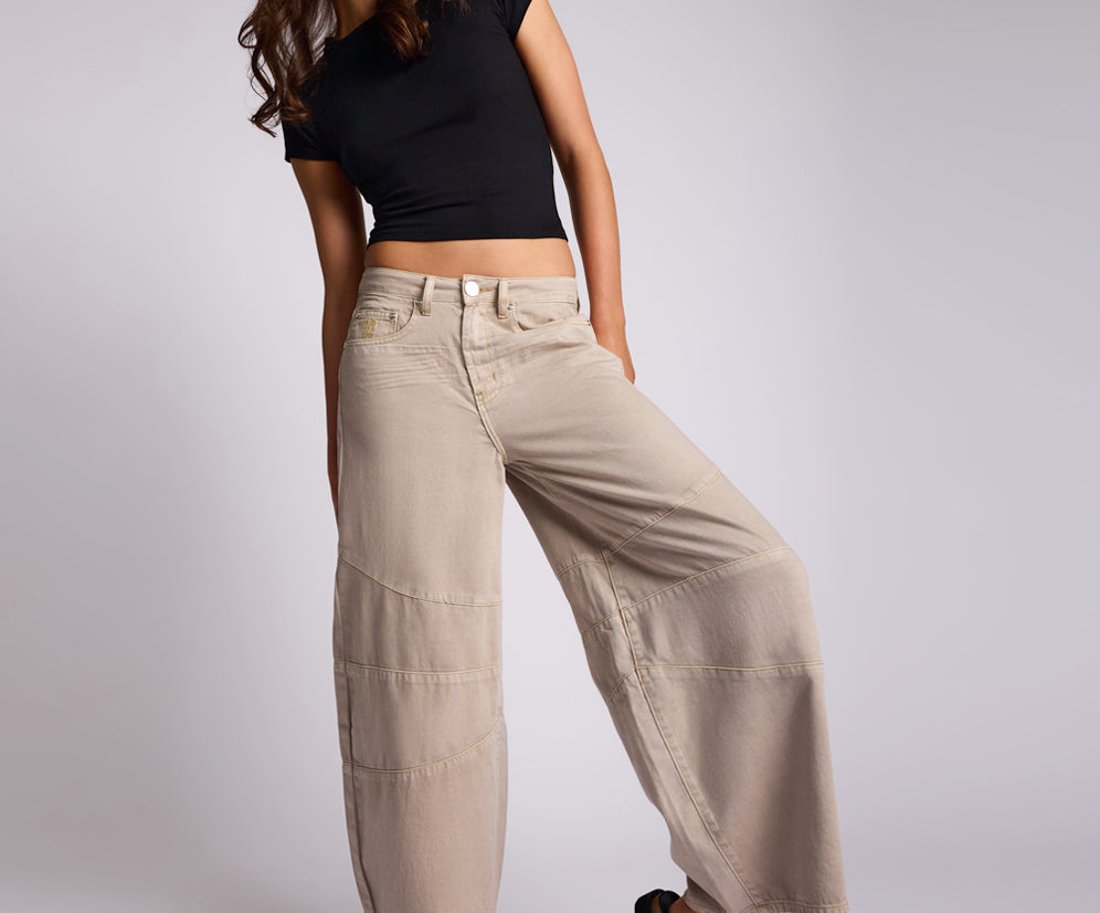 Barrel Mid Waist Wide Leg Denim Jeans - Stone