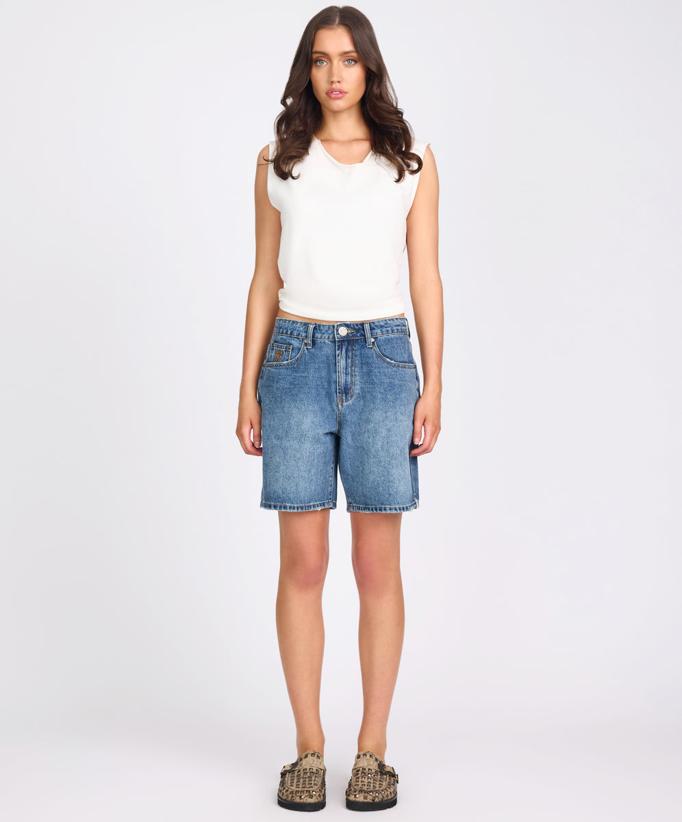 Jacksons Mid Waist Wide Leg Denim Shorts - Westland Blue