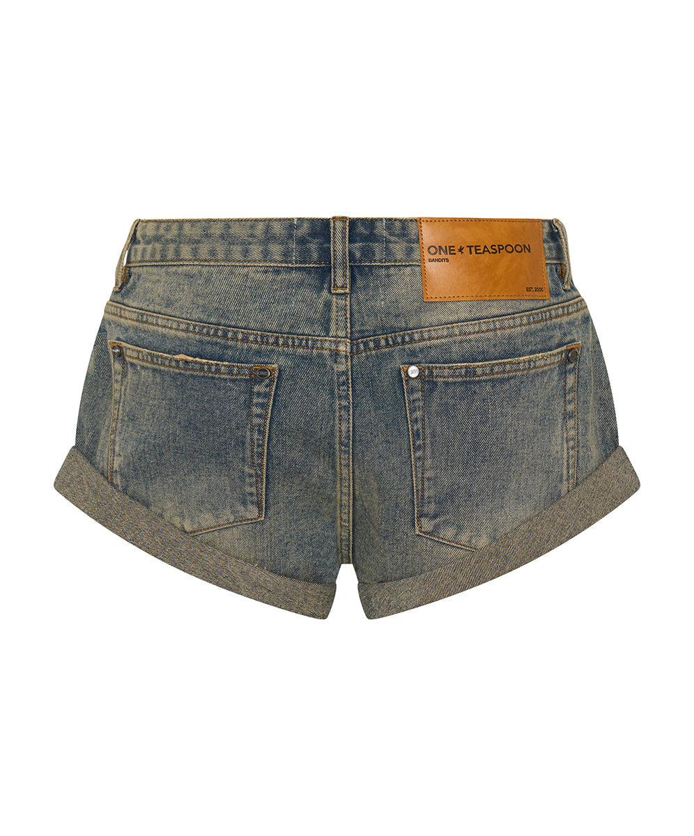 【One Teaspoon】Bandits ローウエストデニムショーツ/ Old Blue Bandits Low Waist Denim Shorts - Old Blue | One Teaspoon USA
