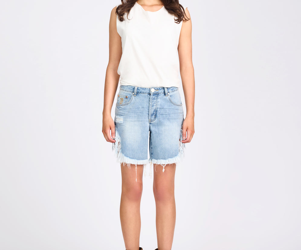 Frankies High Waist Long Length Denim Shorts - Santa Cruz Blue