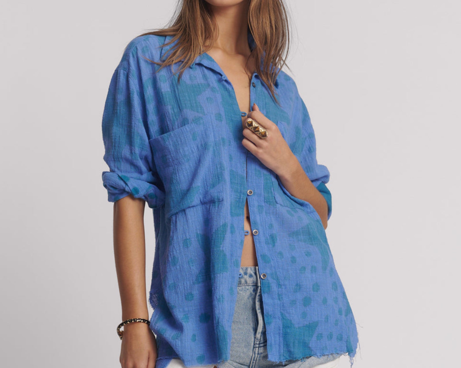 Polka Star Hand Print Muslin Longline Shirt - Blue