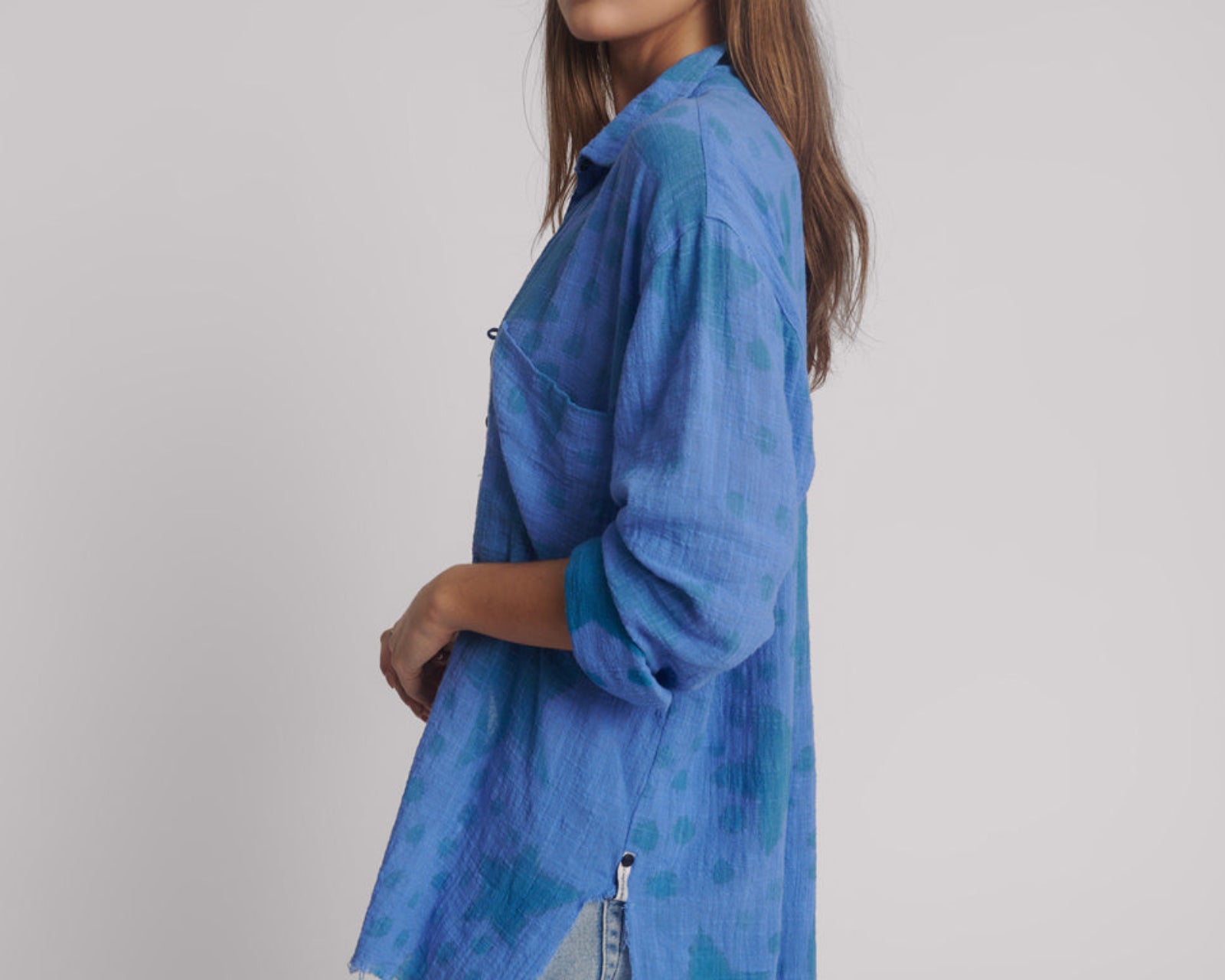 Polka Star Hand Print Muslin Longline Shirt - Blue