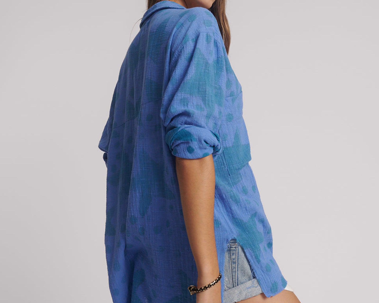 Polka Star Hand Print Muslin Longline Shirt - Blue