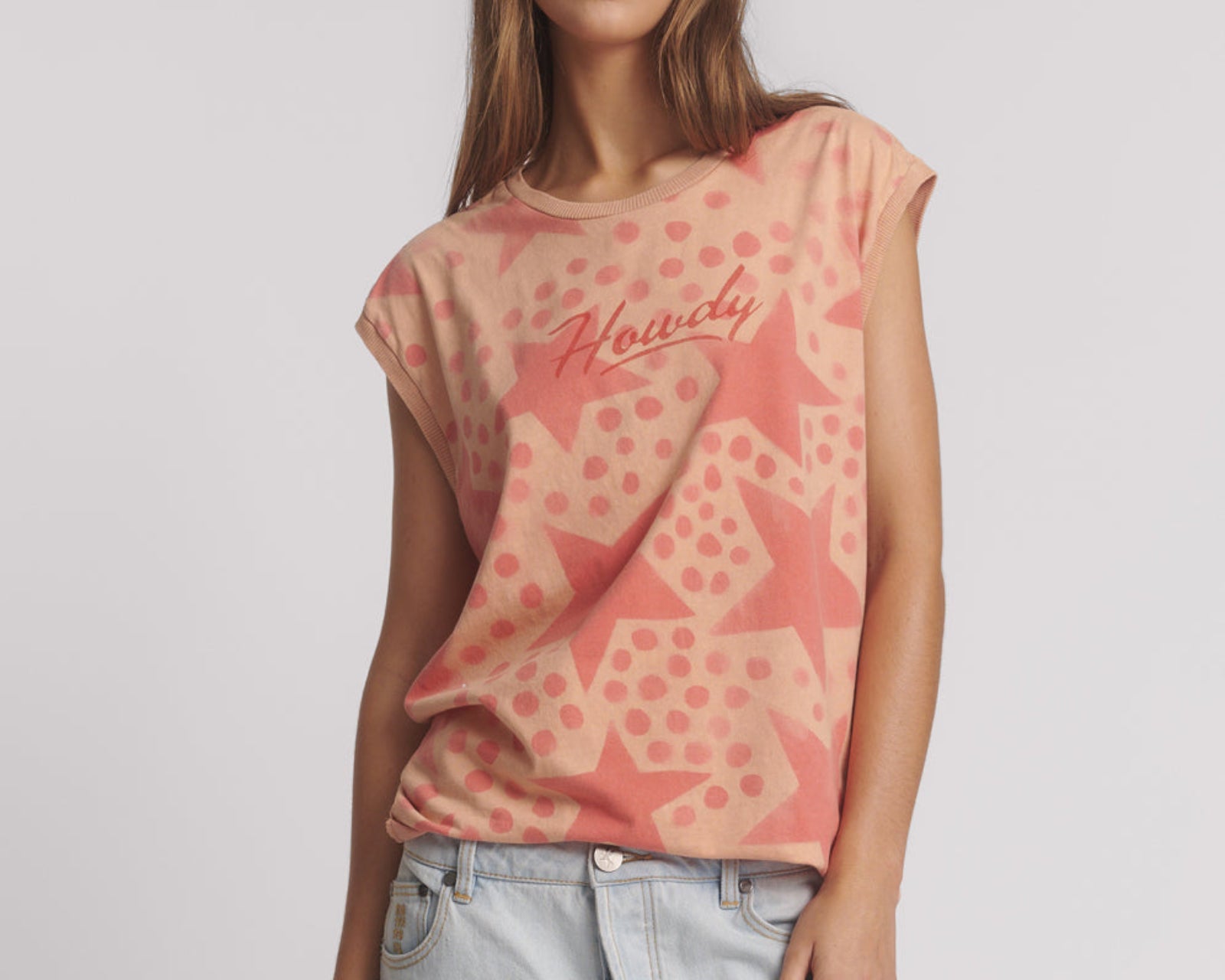 Polka Star Hand Sprayed Howdy Unisex Tank Top - Peach