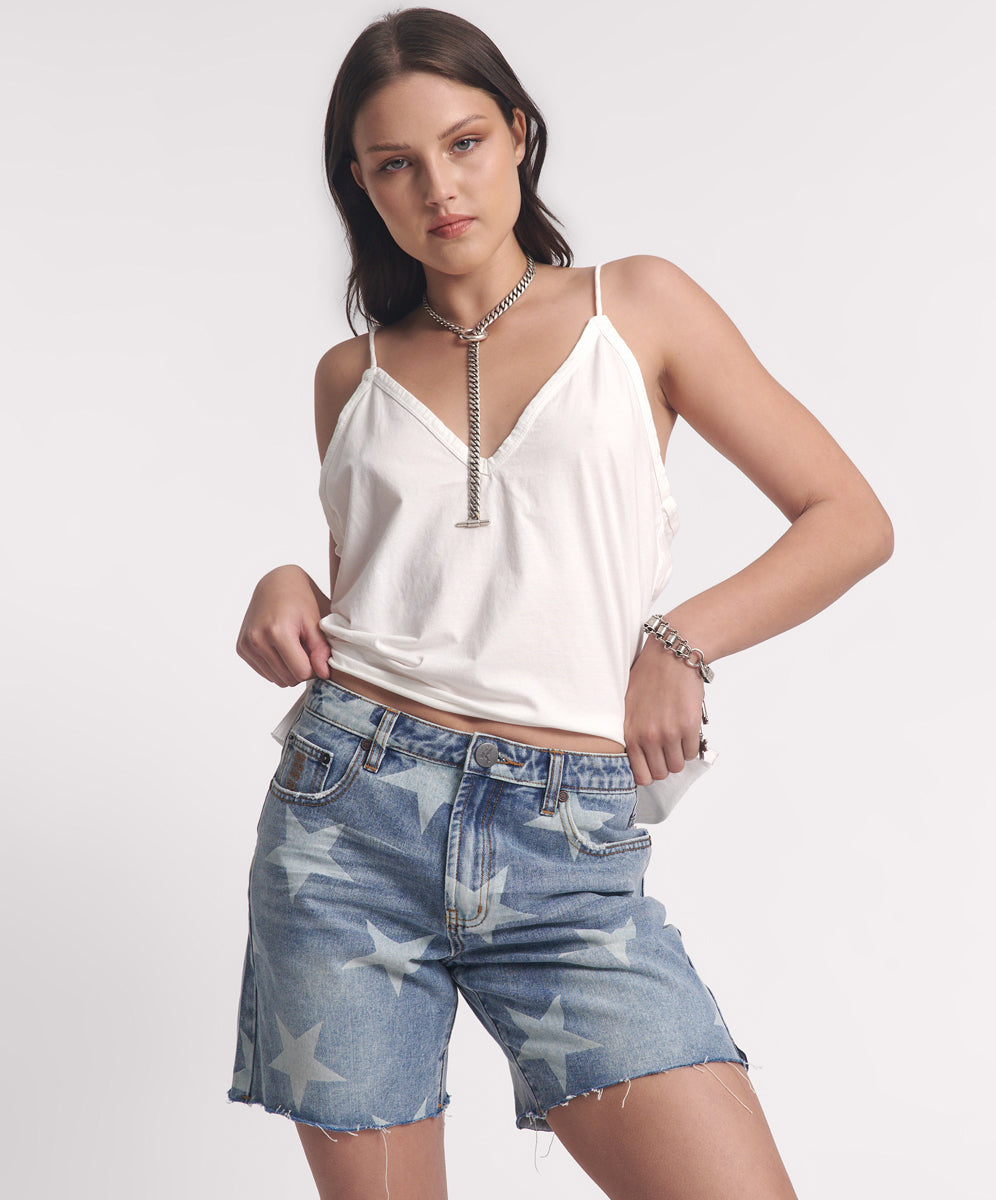 New Season Jackson Mid Waist Wide Leg Denim Shorts - Starwash Blue
