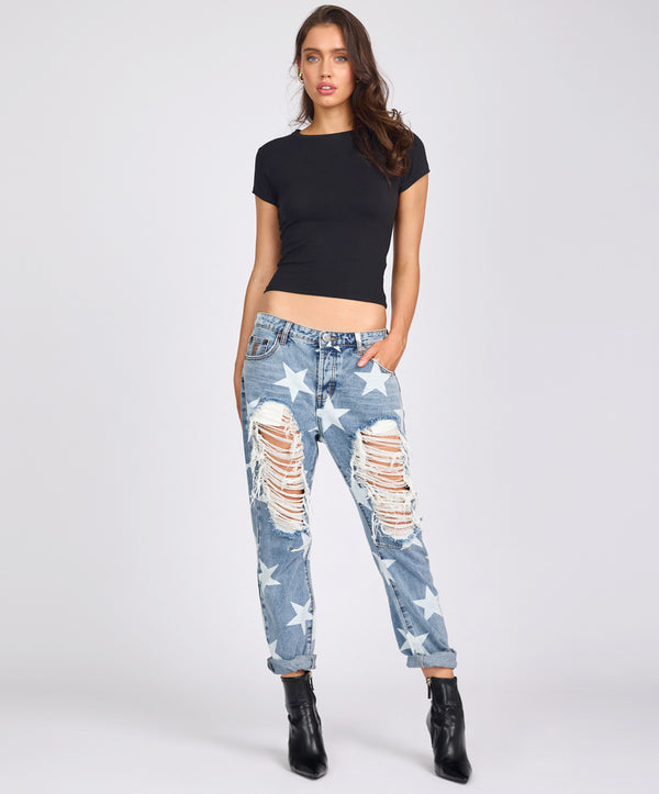 Saints Low Waist Boyfriend Denim Jeans - Starwash Blue