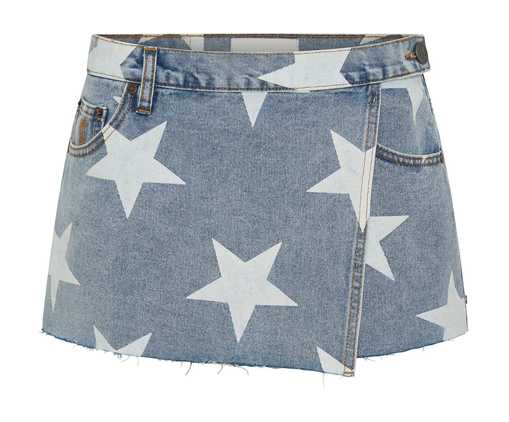 Wrap Low Waist Mini Denim Skirt - Starwash Blue